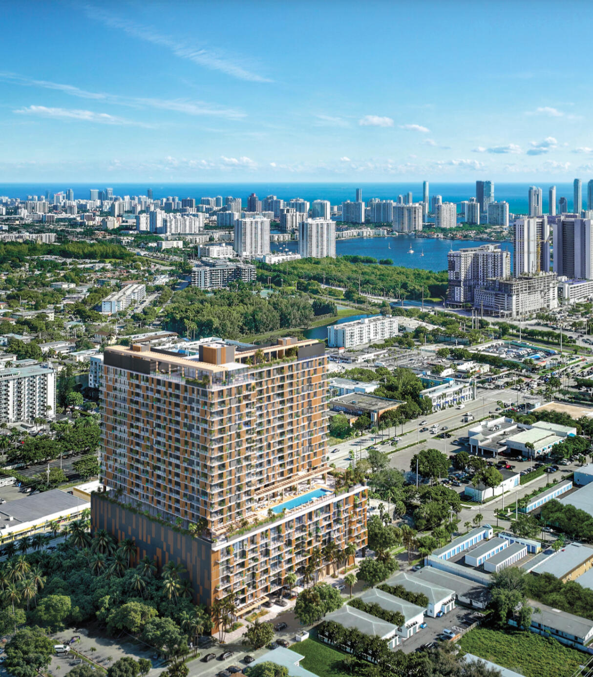 achada arquitectónica de The William, torre residencial de 26 pisos en North Miami Beach, con diseño contemporáneo de Carlos Ott & Behar Font.